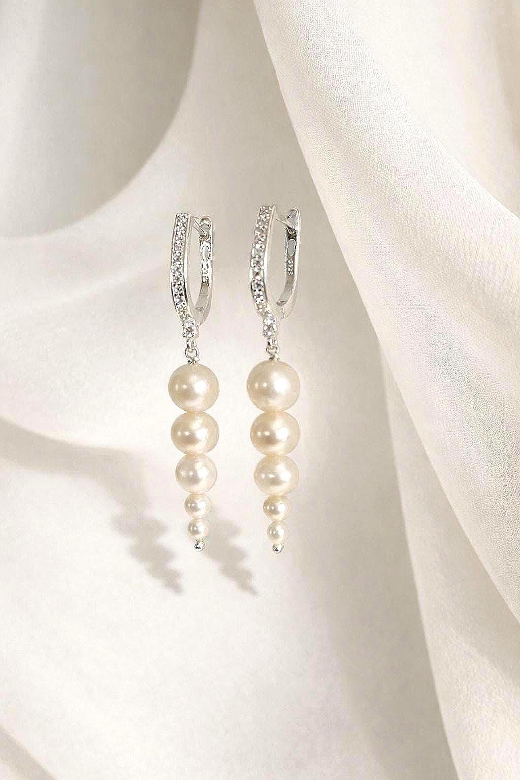 Corinne, Silver Pearl Drop Earrings