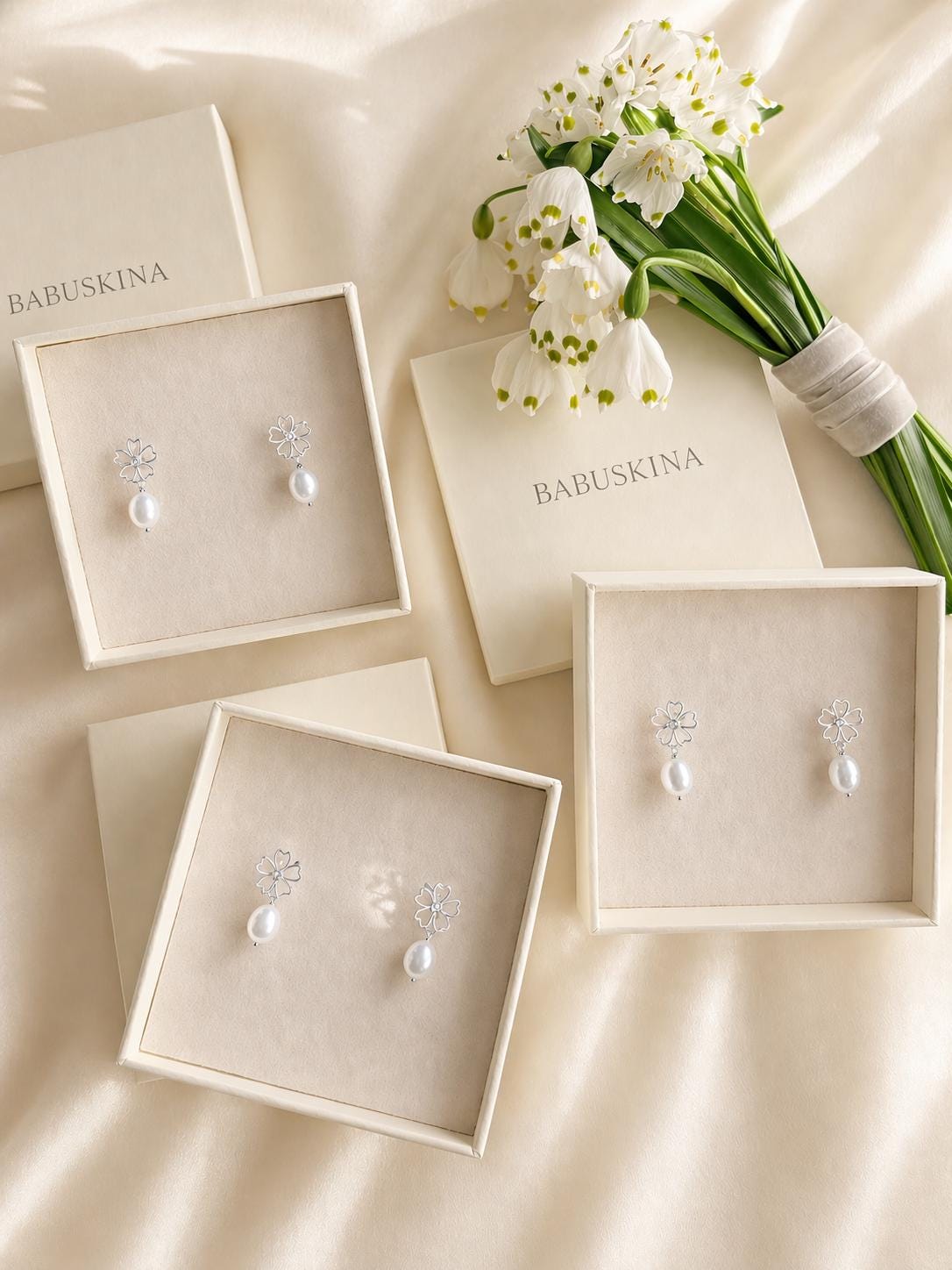 Giulia, Bridal Silver Pearl Flower Earrings