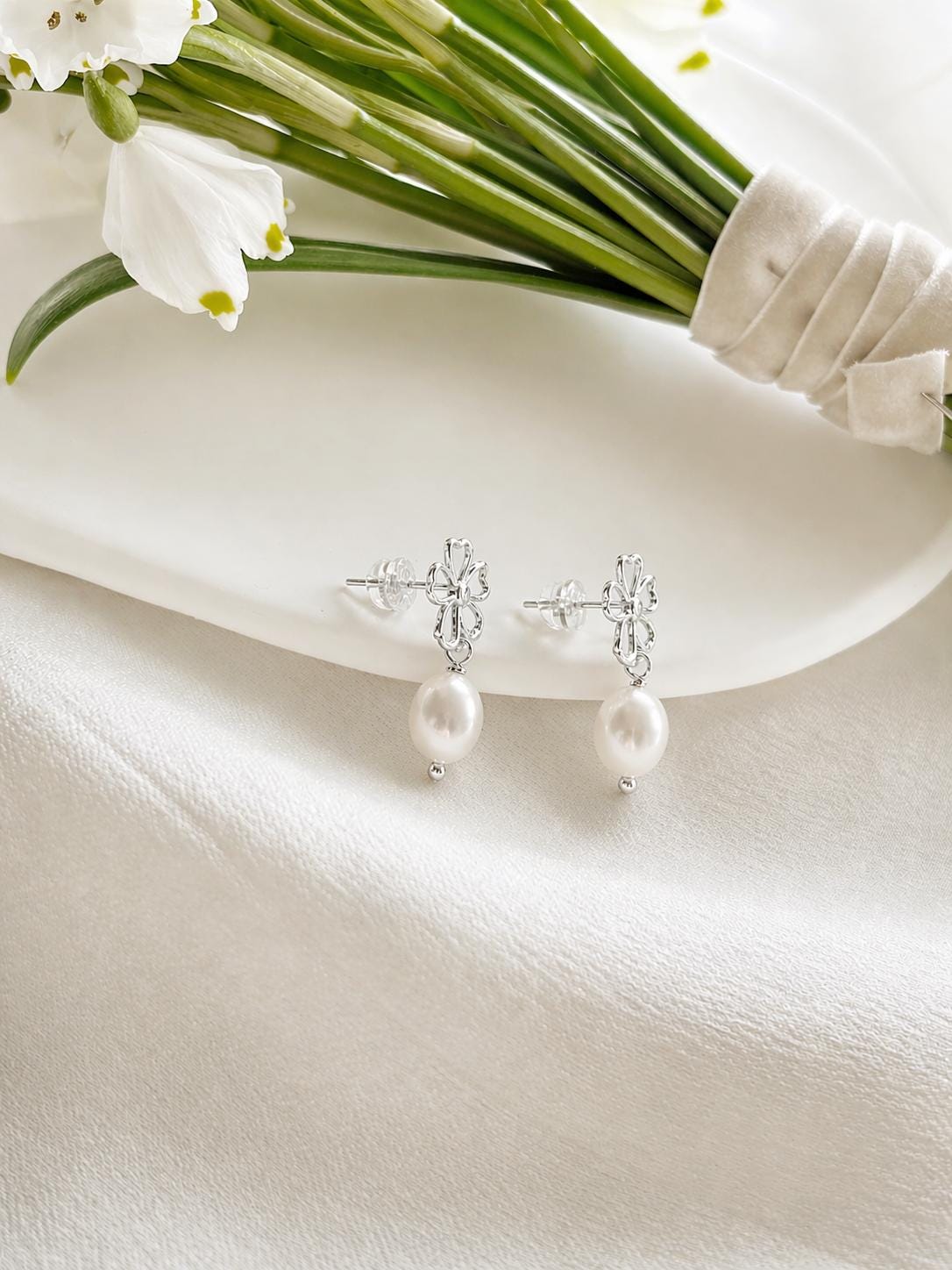 Giulia, Bridal Silver Pearl Flower Earrings