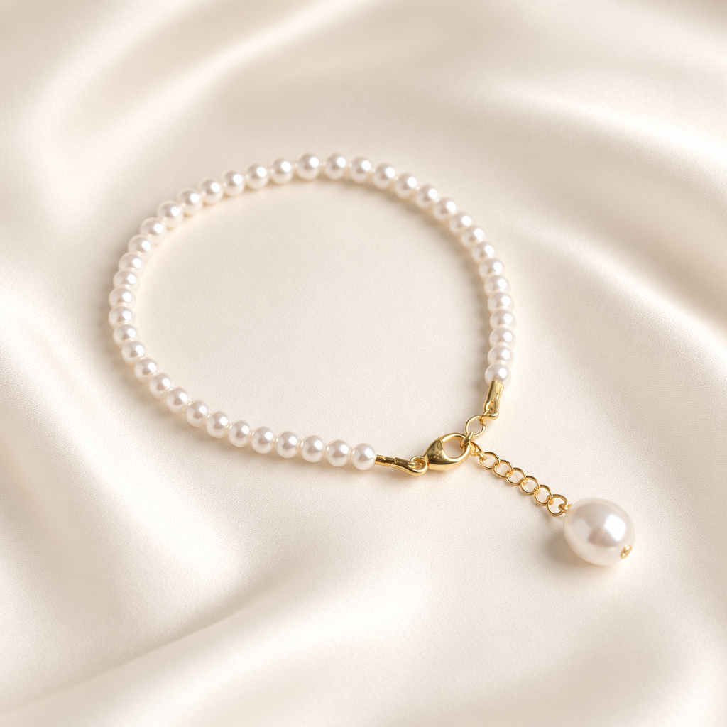 Céline Bridal Pearl Bracelet on warm ivory-beige background