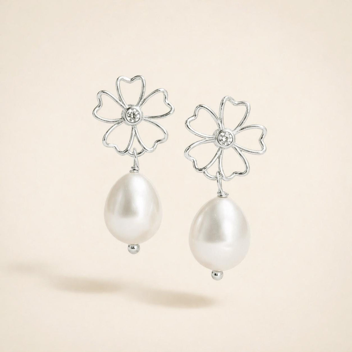 Giulia, Bridal Silver Pearl Flower Earrings