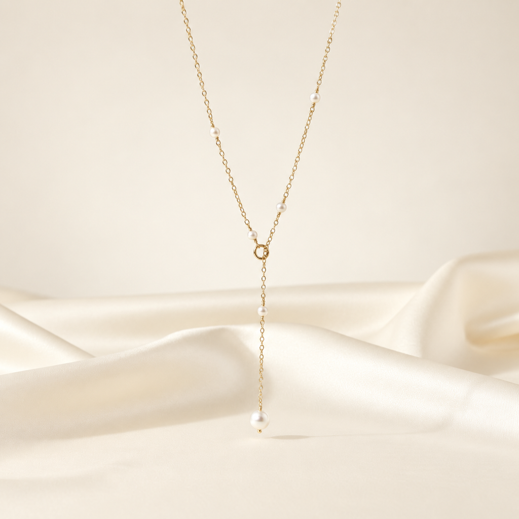Lea Dainty Pearl Necklace on warm ivory-beige background