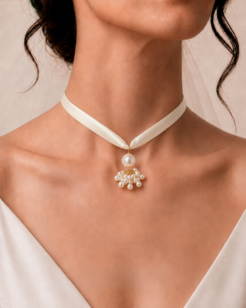 Noemi Baroque Pearl Silk Choker in soft ivory